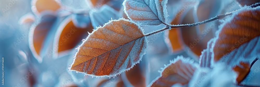 Crisp frost delicately outlines the intricate textures of a leaf, symbolizing the quiet beauty of winter - obrazy, fototapety, plakaty 