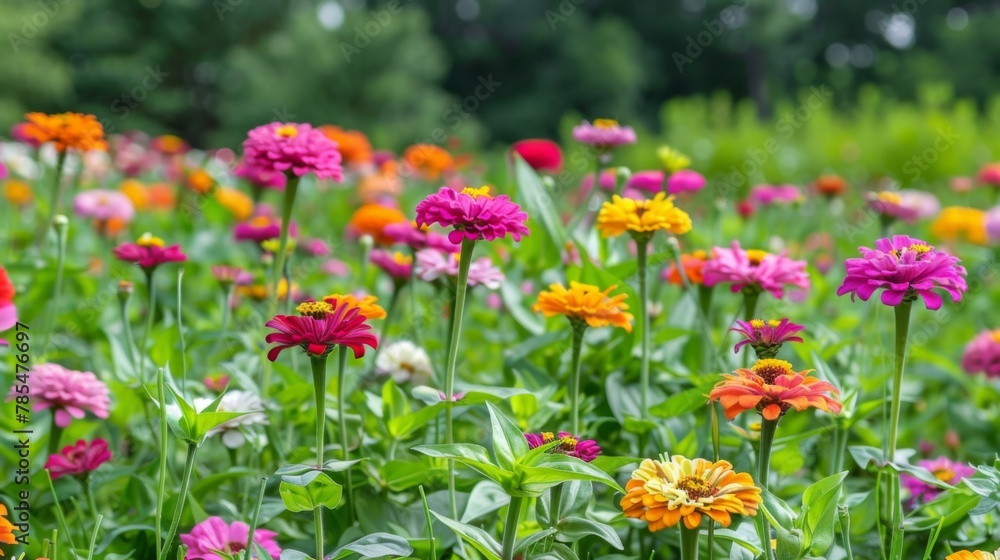 A field of zinnias in full bloom, with various colors and shapes of the flowers
