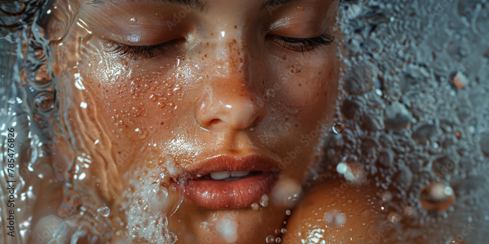 Close-up of a serene face partially submerged, adorned with glistening water droplets.