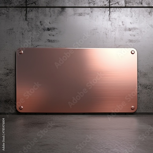 Rose large metal plate with rounded corners is mounted on the wall. It is a 3d rendering of a blank metallic signboard