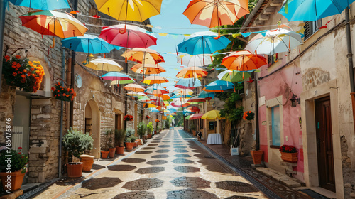 Street decorated with colored umbrellas. © Ashley