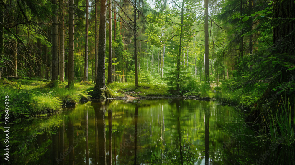 Summer forest with green trees and small lake