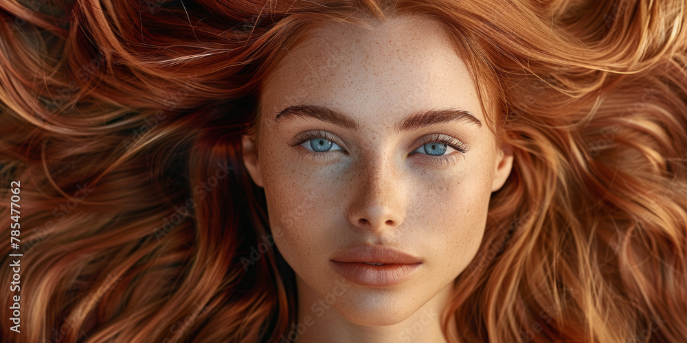 Obraz premium Red-haired woman with captivating freckles and striking blue eyes.