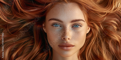 Red-haired woman with captivating freckles and striking blue eyes.