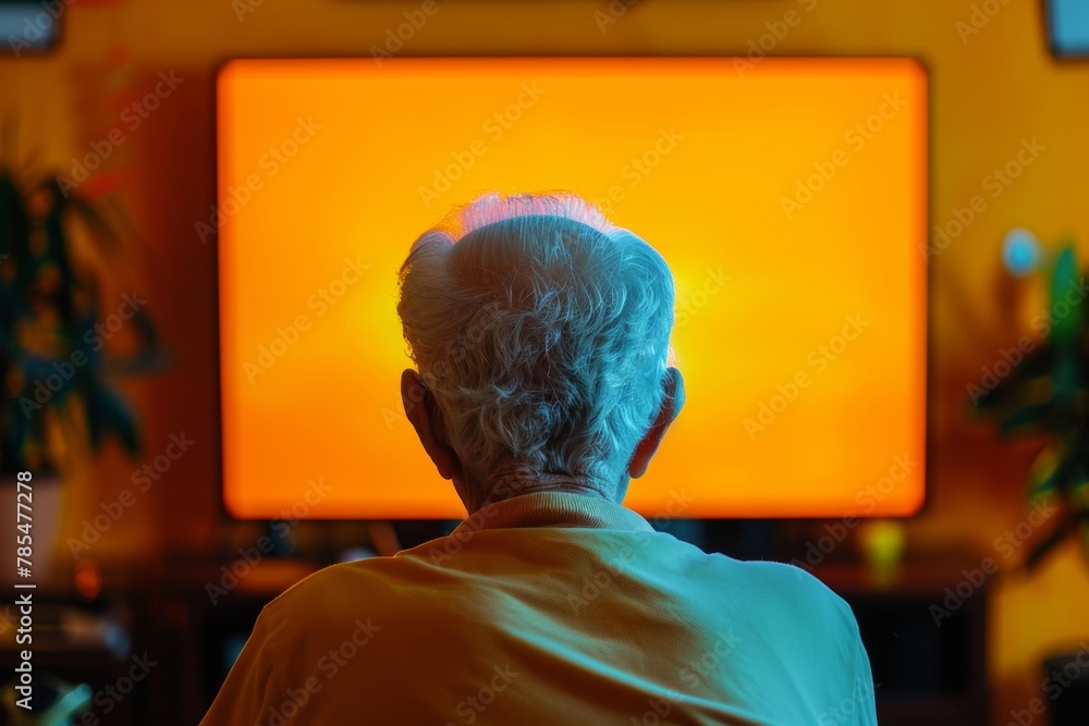 App display looking over a shoulder of a senior citizen man in front of an smart-tv with a fully orange screen App display looking over a shoulder of a senior citizen man in front of an smart-tv with a fully orange screen
