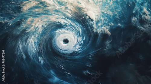 Image of a cyclone around world, giant pinwheel of clouds spins in space, mesmerizing view of swirling cyclone far below.