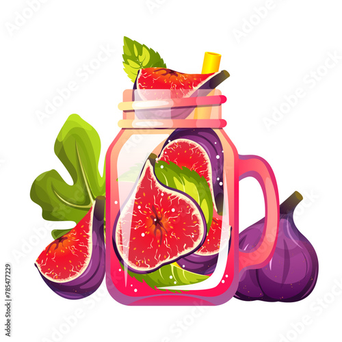 Cocktail with figs. A refreshing drink in a can with figs. Summer juice with figs. Smoothie with fresh fruit. Lemonade with figs. Vector illustration.