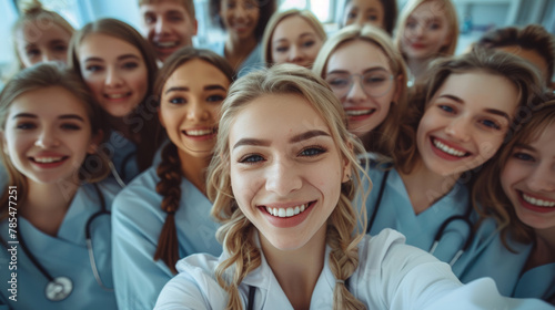 A group of medical students share a joyful selfie, a bright future reflected in their smiles. photo
