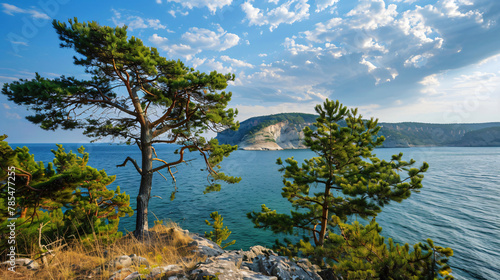 Summer sea landscape with pine-trees. 
