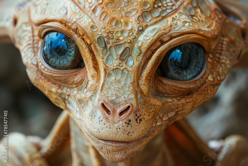 Macro shot of an alien creature's face, featuring oversized eyes and a detailed, textured appearance.