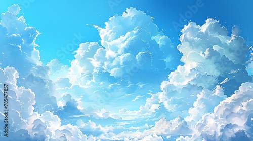 Capture the majestic expanse of a crisp blue sky, dotted with fluffy cotton candy clouds in vibrant watercolors, evoking a sense of calm and wonder