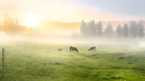 cows in the field grazing grass covered with fog