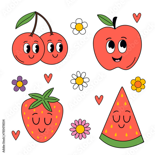 set of isolated cute strawberry, watermelon, apple, cherry
