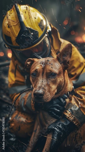 Firefighter in dirty, fire-resistant gear giving comfort to soaked and scared dog after rescue operation, with flames visible in background. © Lustre