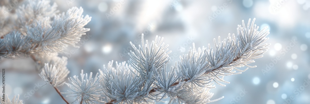 Close-up of ice-covered pine branch, symbolizing the stillness and chill of the winter season Close-up of ice-covered pine branch, symbolizing the stillness and chill of the winter season