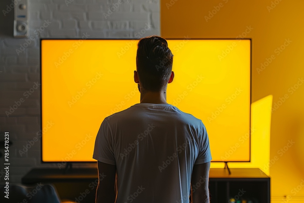 App mockup shoulder view of a adult man in front of an smart-tv with a fully yellow screen App mockup shoulder view of a adult man in front of an smart-tv with a fully yellow screen