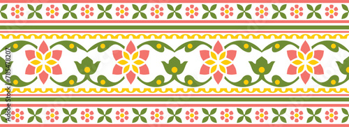 Vector seamless colorful Indian national ornament. Ethnic endless plant border. Flowers frame. Poppies and leaves
