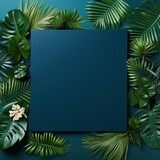Tropical plants frame background with navy blue blank space for text on navy blue background, top view. Flat lay style. ,copy Space