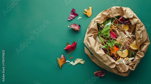 Organic kitchen waste sorted in eco-friendly paper bag on green background - compost container for sustainable living, recycling vegetable and fruit scraps photo