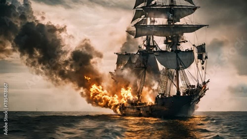 Ship at sea with fire and smoke. An epic battle between pirates on the high seas
