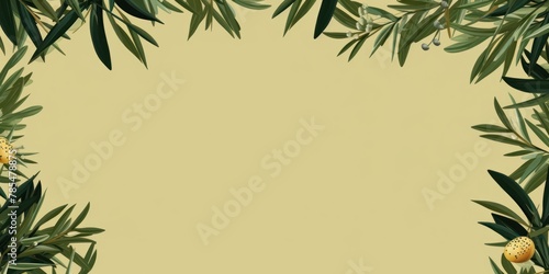 Tropical plants frame background with olive blank space for text on olive background  top view. Flat lay style.  copy Space flat design vector illustration