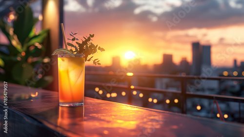 Refreshing cocktail at rooftop bar, sunset city view