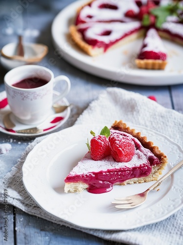 Linzer tart torte with raspberry filling and fresh raspberry