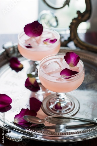 Rose flavor cocktail with ice cubes in glasses with rose flower petals on a vintage tray