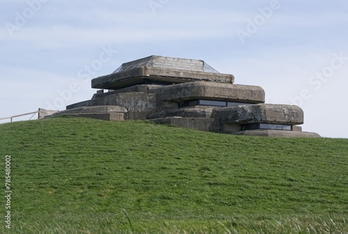 Plougonvelin, France - Apr 7, 2024: Graf Spee Battery Fire Control Post during the Second World War. Sunny spring day. Selective focus. photo