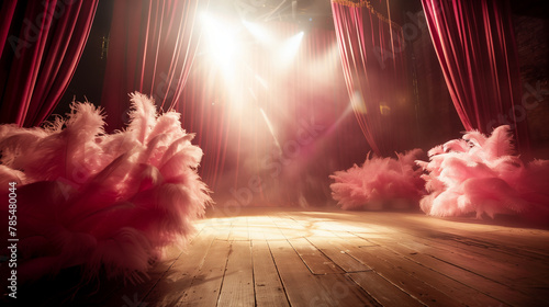 Dramatic theater stage with pink curtains and Intense spotlight amidst billowing clouds. Empty vintage stage for burlesque dance. Generative AI