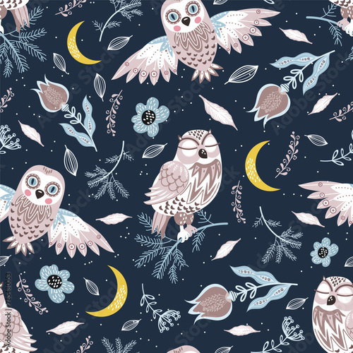 Seamless pattern with owls, crescents and floral elements.