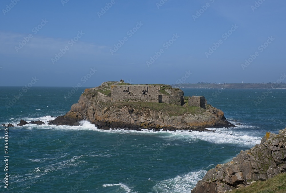 Le Conquet, France - Apr 7, 2024: This strongpoint was constructed during the Second World War as part of Stutzpunkt Kemorvan. Sunny spring day. Selective focus.