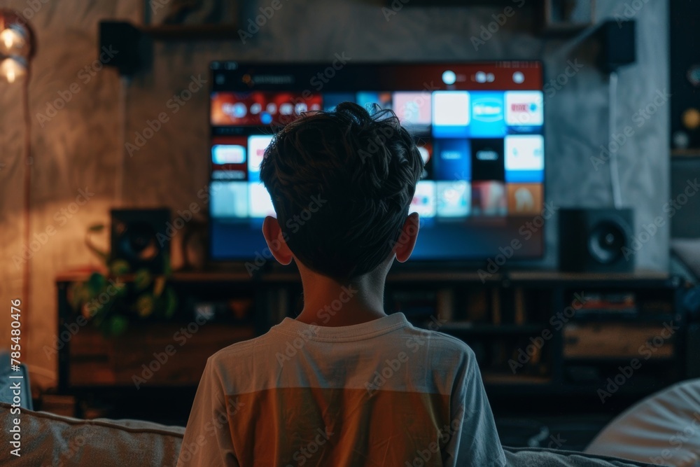 App preview over shoulder of a teen boy in front of an smart-tv with a completely black screen