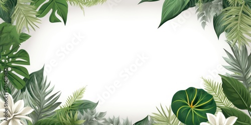 Tropical plants frame background with silver blank space for text on silver background, top view. Flat lay style. ,copy Space flat design vector illustration