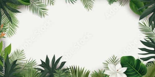 Tropical plants frame background with silver blank space for text on silver background  top view. Flat lay style.  copy Space flat design vector illustration