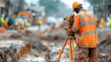 Precision in Construction: Theodolite Use on Site. Concept Construction Equipment, Surveying Tools, Theodolite Operations, Site Accuracy