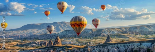 Balloon Tourism, Air Balloons in Sky, Mountain Landscape with Ballooning, Turkey Landscape