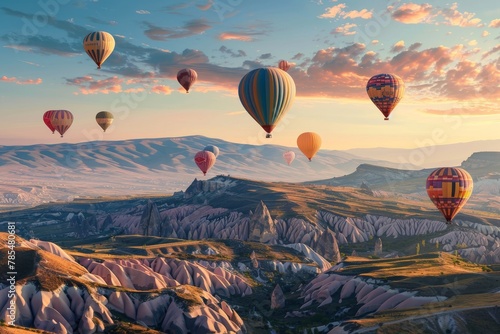 Balloon Tourism, Air Balloons in Sky, Mountain Landscape with Ballooning, Turkey Landscape