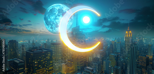 A neon moon icon glowing vibrantly against a backdrop of a futuristic city skyline at night, its light casting a soft luminescence on the buildings below. 32k, full ultra hd, high resolution