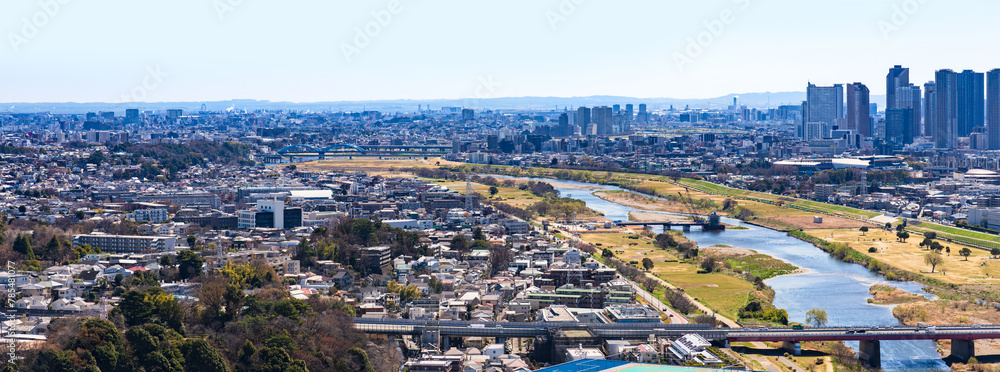 Obraz premium 田園調布 ～ 川崎 ～ 武蔵小杉 の パノラマビュー 【 東京都 ～ 神奈川県 の 都市風景 】