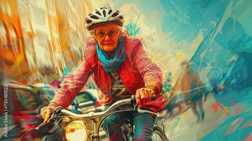 Ageless Rider Pedals pumping, a senior woman conquers the road on her bike. Colorful digital art captures her spirit.