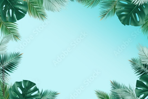Tropical plants frame background with sky blue blank space for text on sky blue background, top view. Flat lay style. ,copy Space flat design