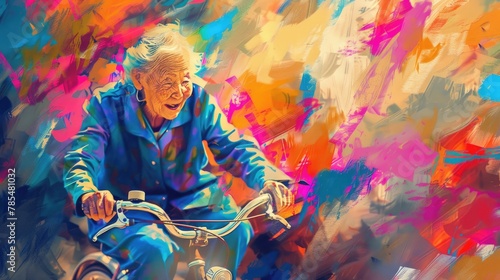 Two Wheels, Timeless Joy An elderly woman cycles, vibrant spirit bursting like the digital artwork around her.