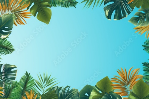Tropical plants frame background with sky blue blank space for text on sky blue background  top view. Flat lay style.  copy Space flat design