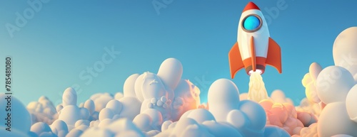 Fusée de style dessin animé, cartoon en 3D, volant dans le ciel, avec des nuages blancs, image avec espace pour texte.