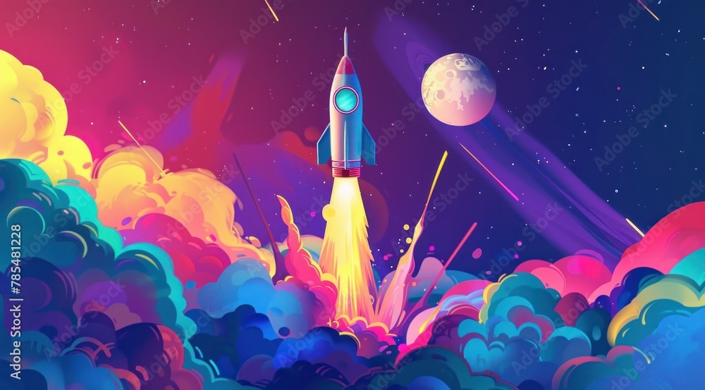 Naklejka premium Une fusée de style cartoon voyageant dans l'espace, atmosphère spatiale fantastique avec des textures détaillées et un arrière-plan coloré.