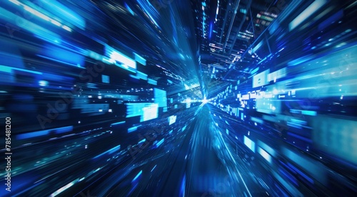 Arrière-plan de technologie numérique avec des écrans numériques flous et des images volant dans les airs, représentant le streaming vidéo ou la communication sur les réseaux sociaux.