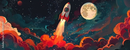 Une fusée de style cartoon voyageant dans l'espace, atmosphère spatiale fantastique avec des textures détaillées et un arrière-plan coloré.