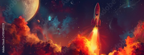 Une fusée de style cartoon voyageant dans l'espace, atmosphère spatiale fantastique avec des textures détaillées et un arrière-plan coloré. © David Giraud