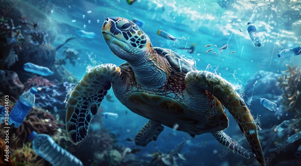 Fototapeta premium Une tortue de mer nageant parmi des bouteilles en plastique et d'autres déchets dans l'océan, mettant en évidence la pollution de l'environnement.